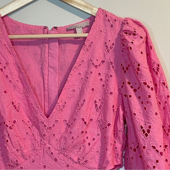 CHELSEA28 Eyelet Embroidered Cutout Bracelet Sleeve Midi Dress Pink SIZE M - Picture 4 of 11